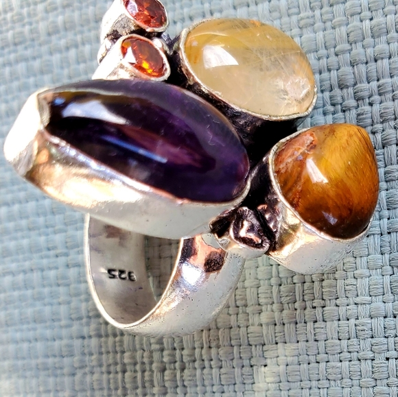 New Amethyst, Golden Rutile, Tiger Eye and Garnet 925 Silver Ring. - Picture 13 of 15